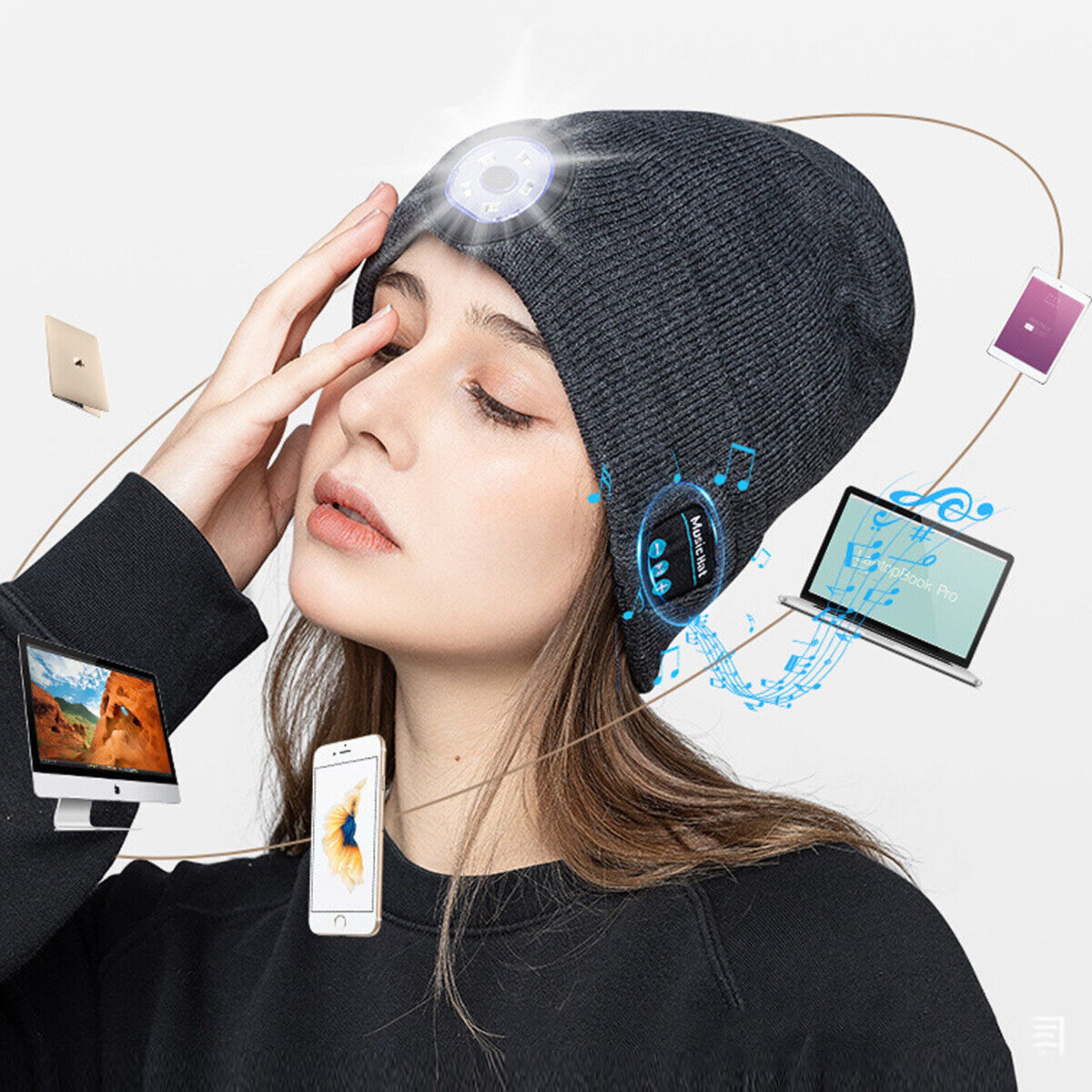 LED Beanie Hat Wireless Bluetooth 5.0 Smart Cap Headphone Headset With Lights