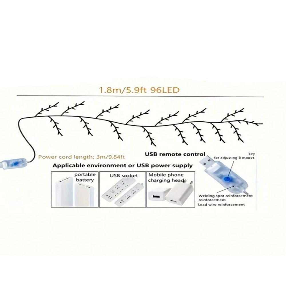 96 LED Willow Vine Lights – Bendable Birch Tree with 8 Lighting Modes for Home Decor