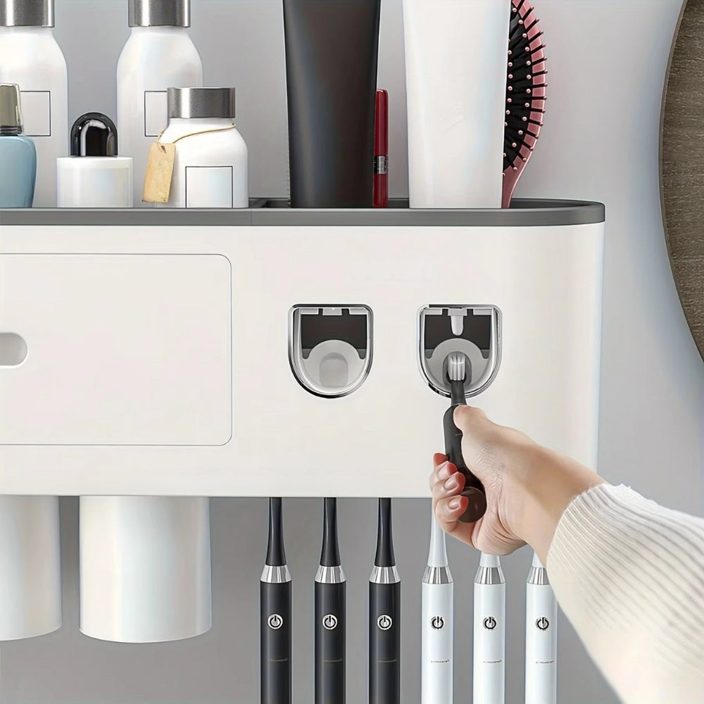 Wall Mounted No-Drill Toothbrush Holder with Toothpaste Squeezer & Storage Rack
