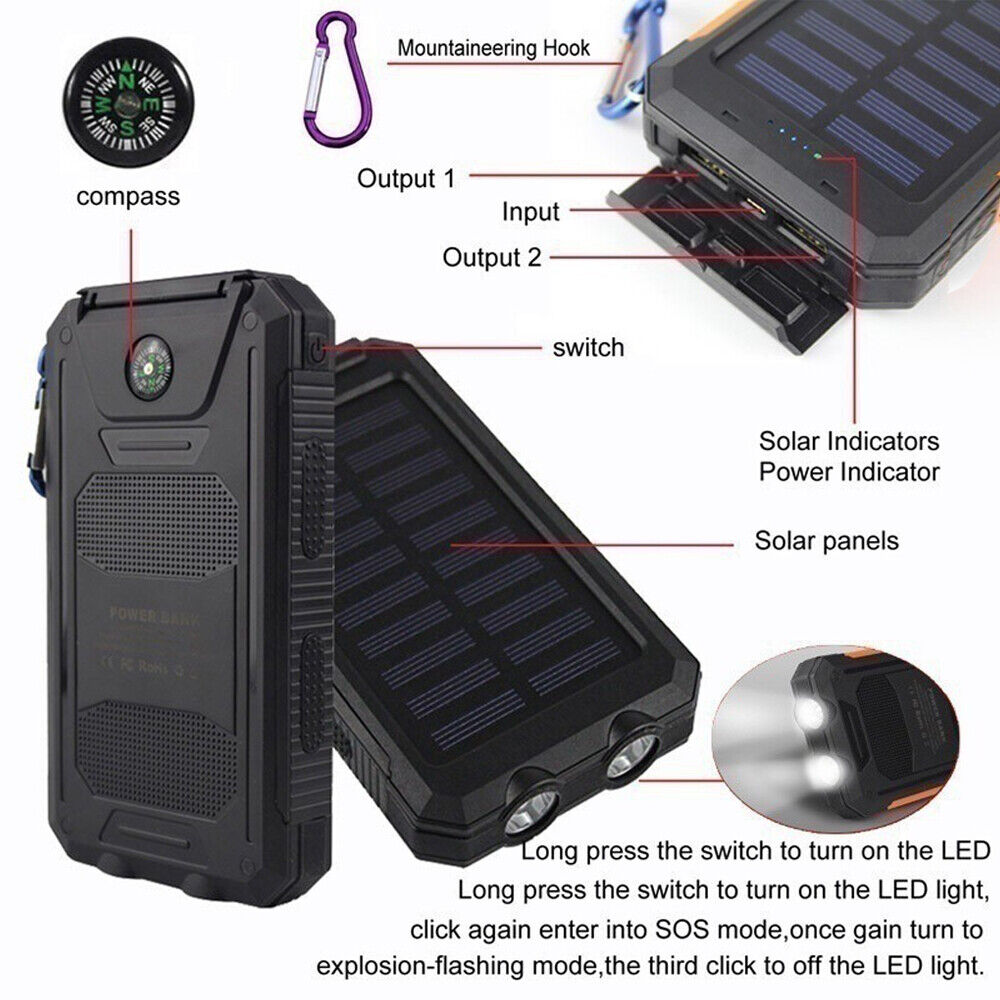 20000mAh Waterproof 2 USB LED Solar Power Bank