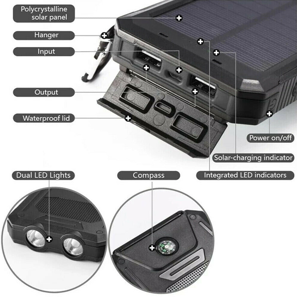 20000mAh Waterproof 2 USB LED Solar Power Bank