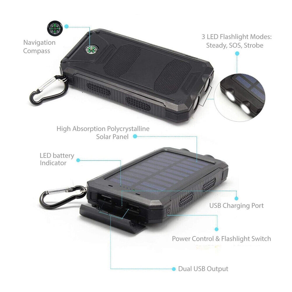 20000mAh Waterproof 2 USB LED Solar Power Bank