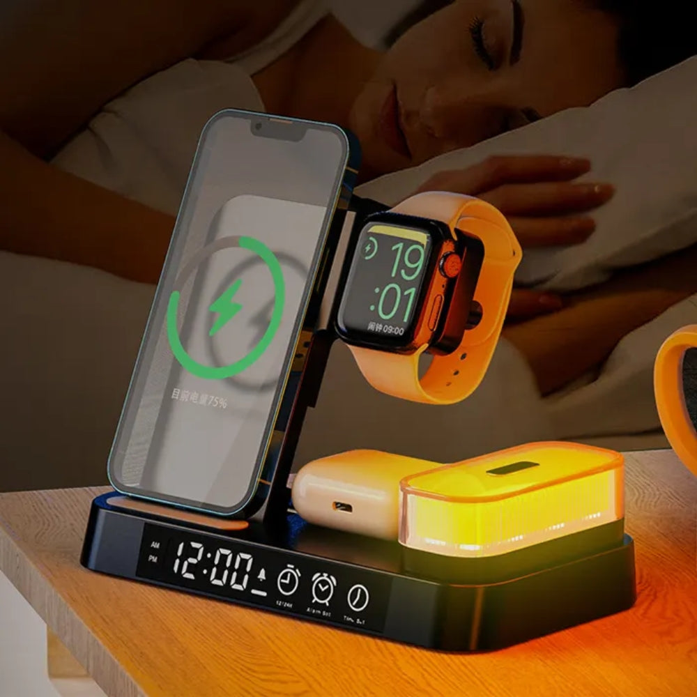 3 In 1 Wireless Fast Charger Stand Pad Alarm Clock Station Dock