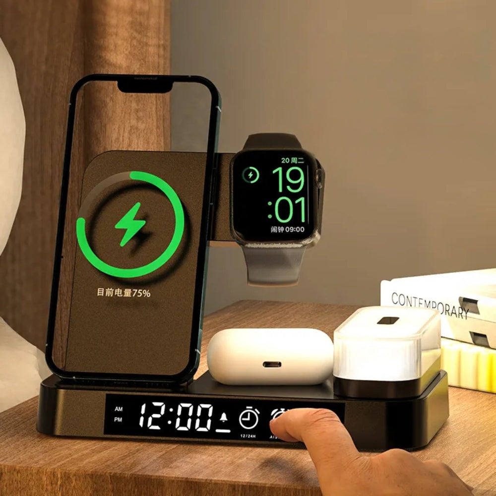 3 In 1 Wireless Fast Charger Stand Pad Alarm Clock Station Dock